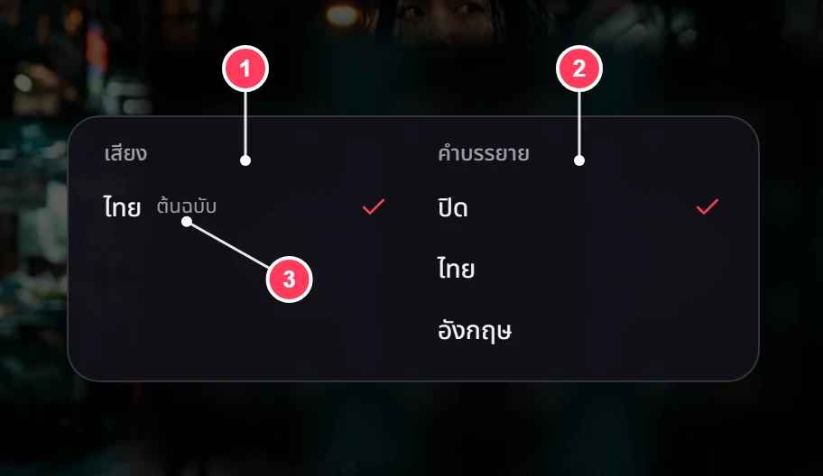 แผงเลือกเสียงและคำบรรยายในเครื่องเล่น มีหมายเลข 1 ถึง 3 ชี้ที่คอลัมน์เสียง คอลัมน์คำบรรยาย และคำว่าต้นฉบับ